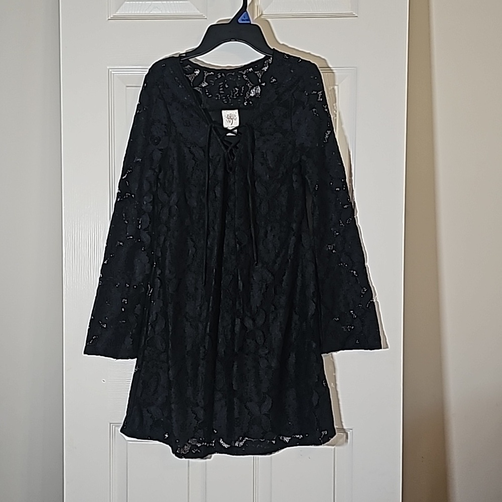 Self Esteem Lace Overlay Lace Up Neckline Black Dress Size S